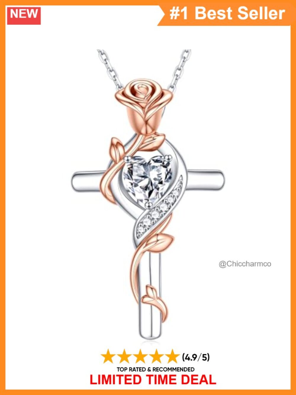 925 Sterling Silver Rose Cross Necklace 21" Adjustable Anniversary Gift